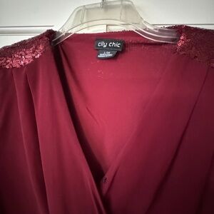 City Chic Burgundy Sequin-Shoulder Wrap Dress